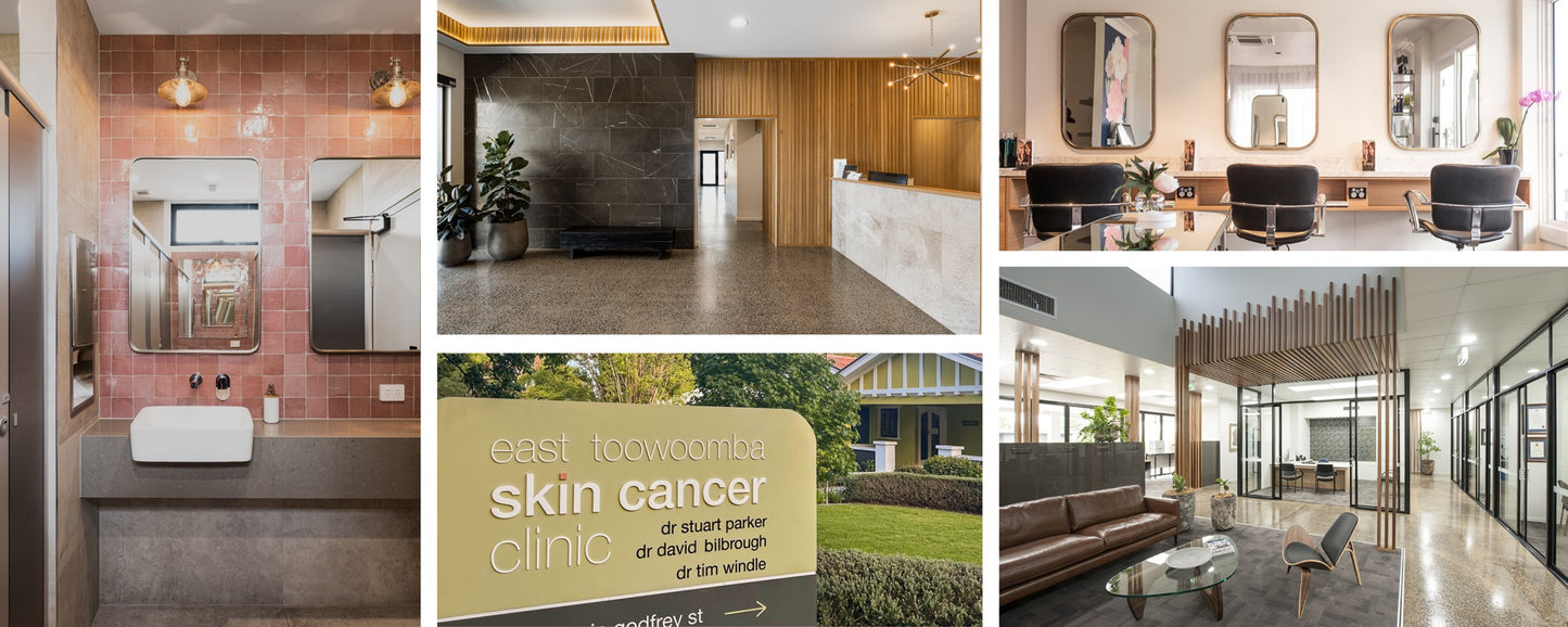 Commercial interiors designed by Betty-Jo, including a clinic, reception, salon and office